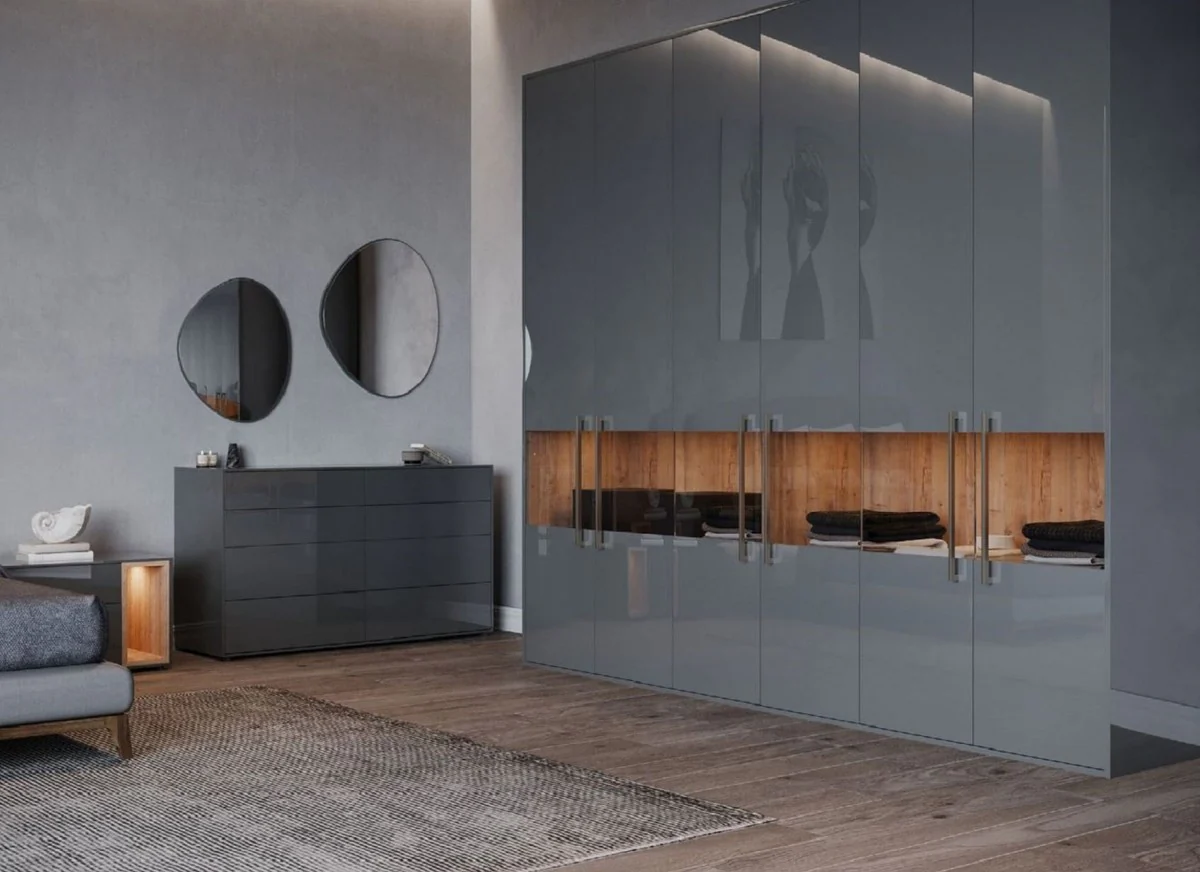 Casa Padrino armario de dormitorio de lujo gris / natural 275 x 59,6 x A. 244 cm - Armario de madera maciza con 6 puertas - Muebles de Dormitorio - Muebles de Hotel - Muebles de Lujo