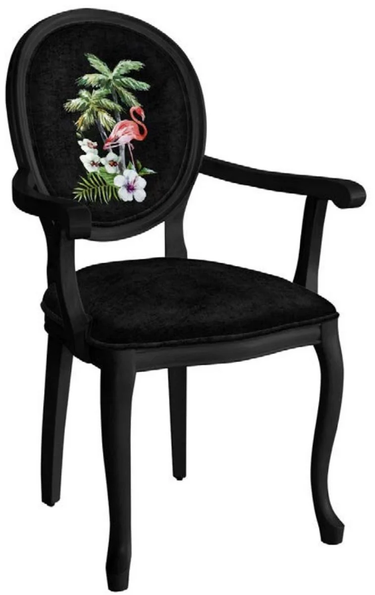 Casa Padrino silla de comedor barroco negro / multicolor - Silla de estilo antiguo hecha a mano con reposabrazos - Muebles de comedor de estilo barroco