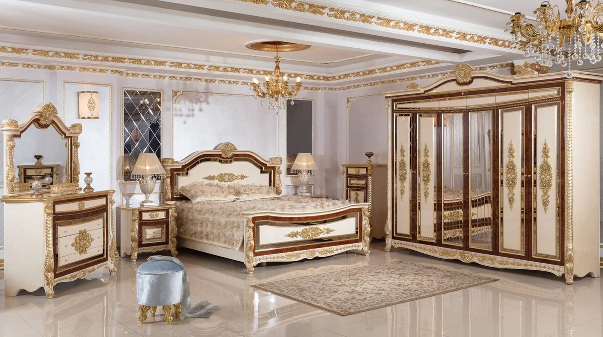 Casa Padrino armario de dormitorio barroco de lujo blanco / beige / marr¨®n / oro - Magn¨ªfico guardarropa de madera maciza barroco - Muebles de dormitorio y hotel barroco - Noble y Magn¨ªfico