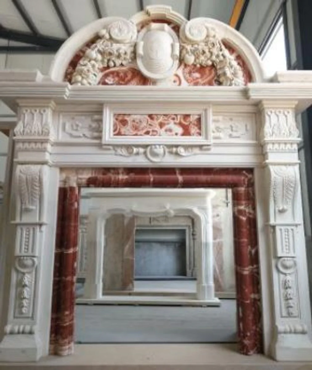 Casa Padrino marco de chimenea barroco de lujo blanco / rojo 208 x 38 x A. 243 cm - Magn¨ªfico marco de chimenea de m¨¢rmol de alta calidad - Muebles de m¨¢rmol en estilo barroco