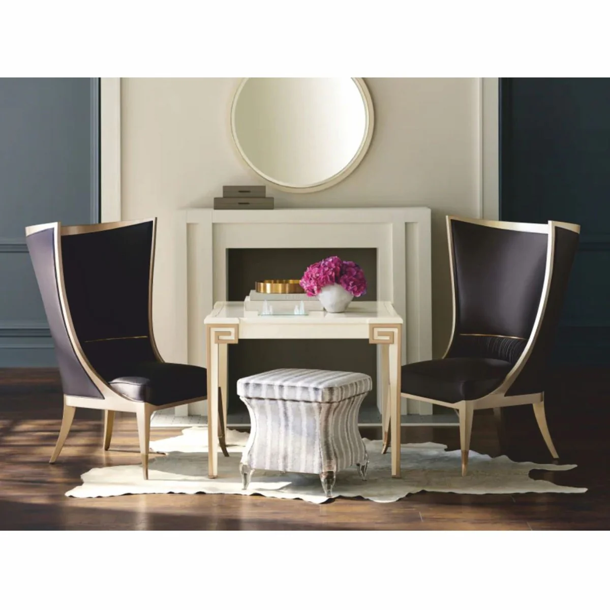 Casa Padrino sill¨®n orejero Art Deco de lujo negro / beige / oro A. 123 cm - Muebles de hotel