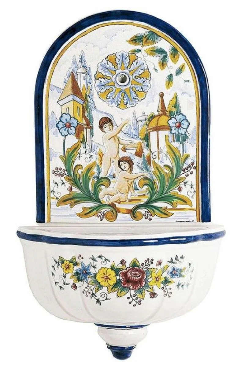 Casa Padrino fuente de pared Art Nouveau de lujo blanco / multicolor 62 x A. 104 cm - Fuente de cerámica hecha a mano y pintada a mano - Accesorios de Decoración de Jardín Barroco y Art Nouveau