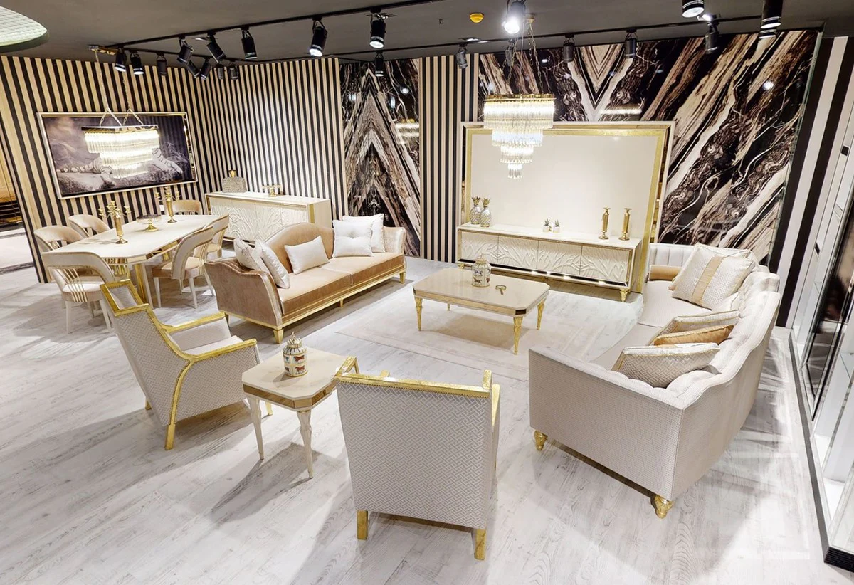 Casa Padrino sof¨¢ barroco de lujo blanco / oro - Sof¨¢ de Sala de Estar Curvo - Sof¨¢ del Hotel - Muebles de Hotel y Sala de Estar Barroco de Lujo