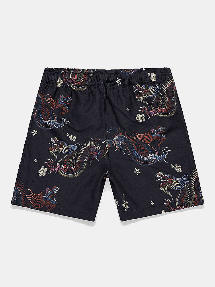 Dragon Floral Print Button Up Shirt & Dragon Print Swim Shorts