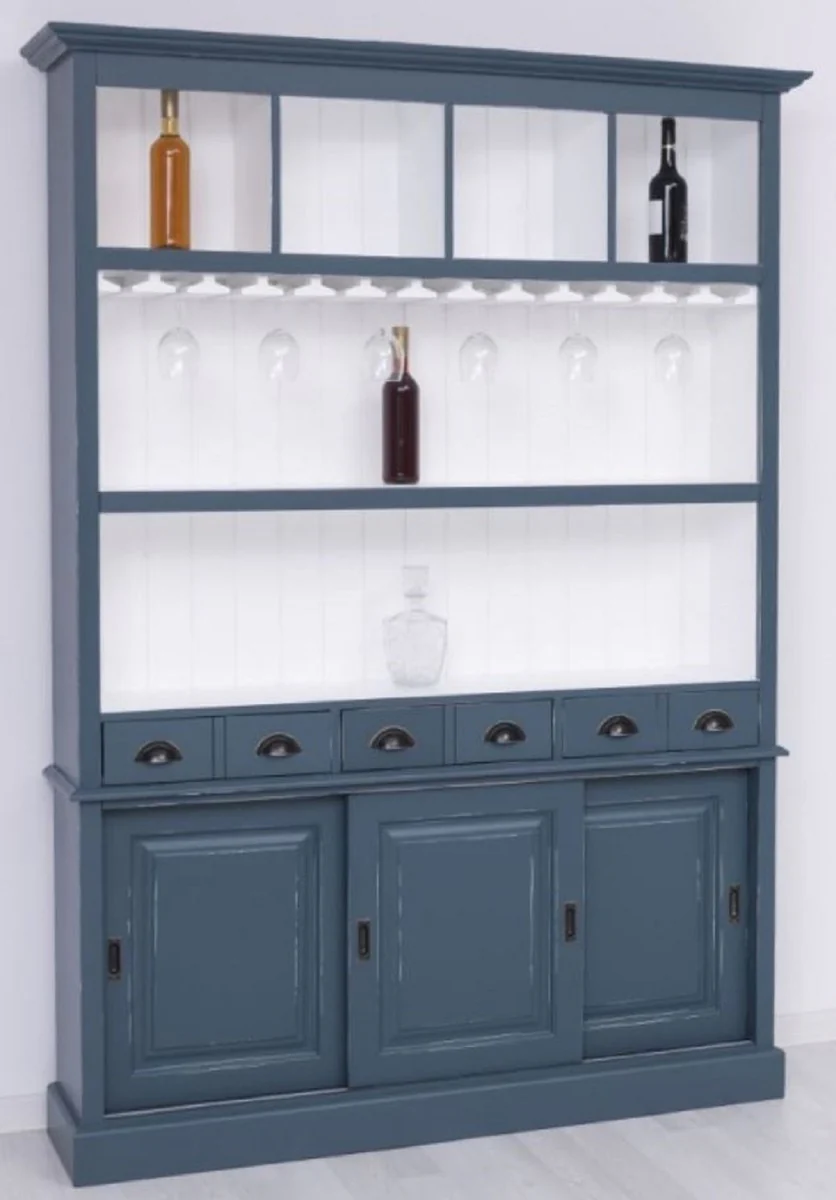 Casa Padrino armario de bar de madera maciza de estilo campestre azul antiguo / blanco 151 x 36 x A. 210 cm - Gabinete de vino de madera maciza estilo campestre - Mueble bar de estilo campestre