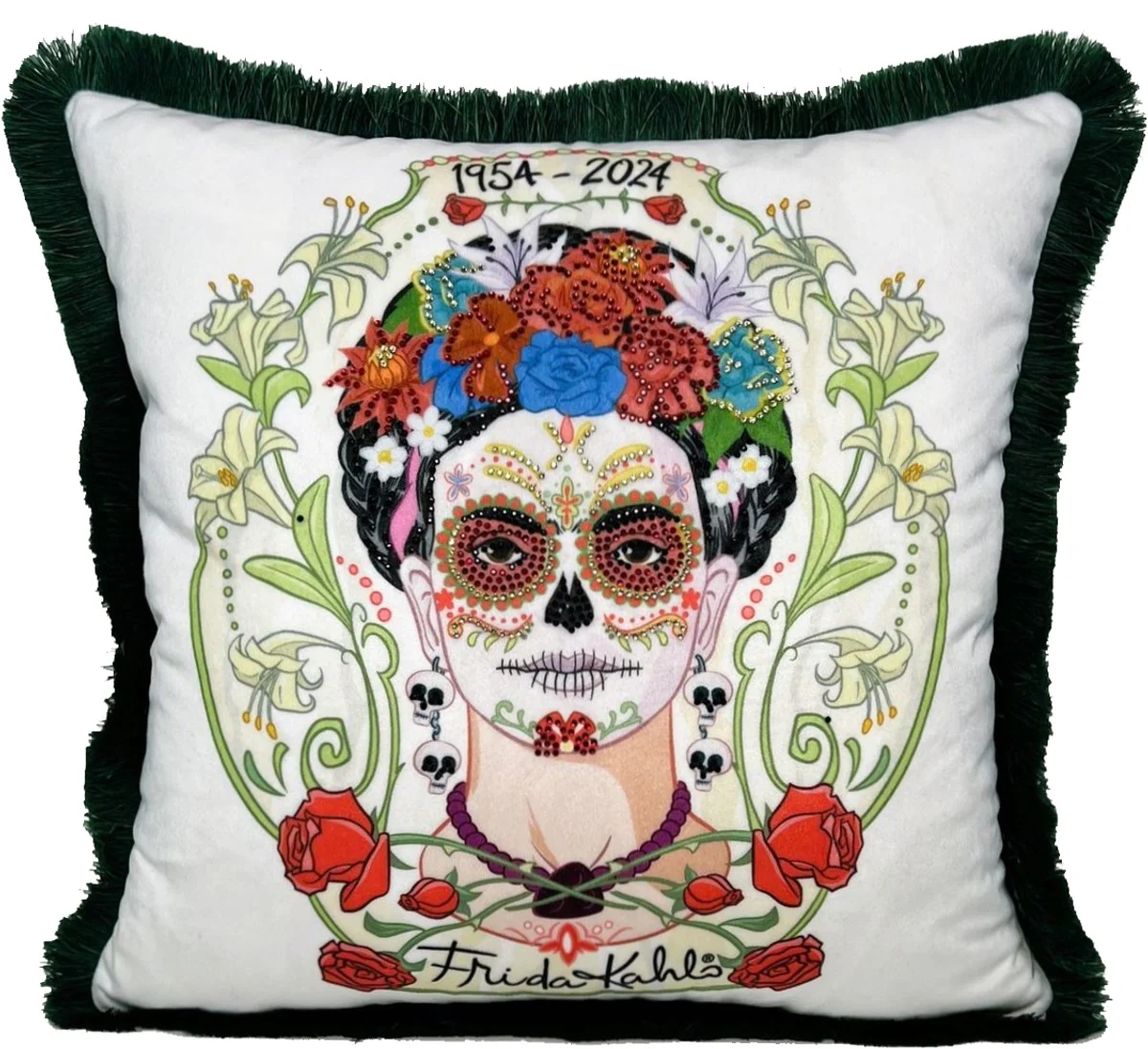 Frida Kahlo de Casa Padrino cojín decorativo de lujo con pedrería blanco / colorido