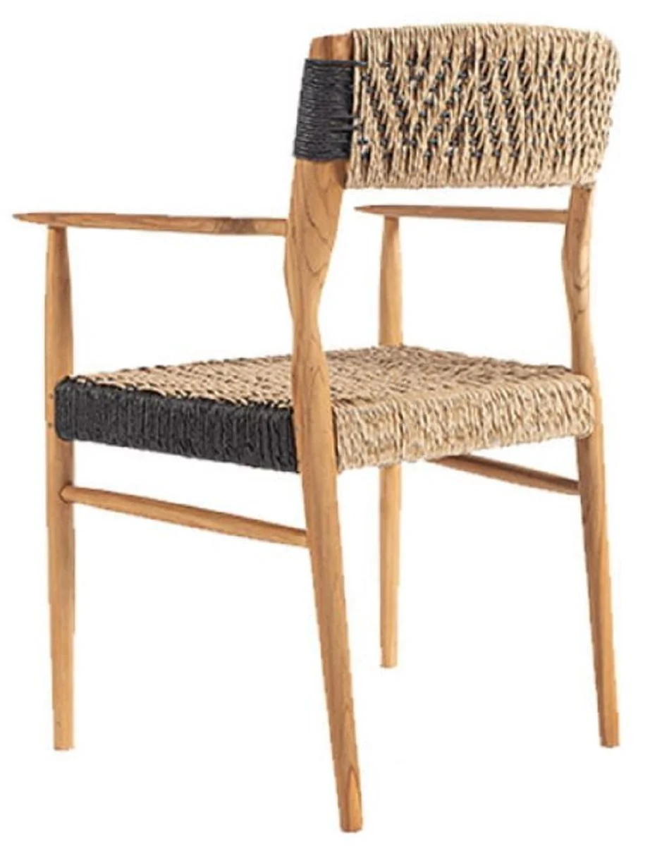 Casa Padrino silla de comedor de lujo con reposabrazos natural / negro 58 x 55 x A. 80 cm - Silla de jard¨ªn de lujo de madera maciza con tejido de rat¨¢n - Muebles de comedor de lujo