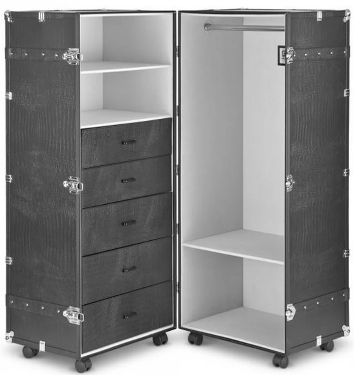 Casa Padrino gabinete de la maleta de cuero sint¨¦tico de lujo con ruedas negro / plata 60 x 86 x A. 143 cm - Gabinete de la Maleta en Estilo Vintage - Accesorios de Lujo