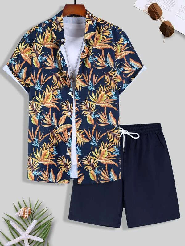 Suitmens Men's Hawaiian Print Short Sleeve Shirt Set 002