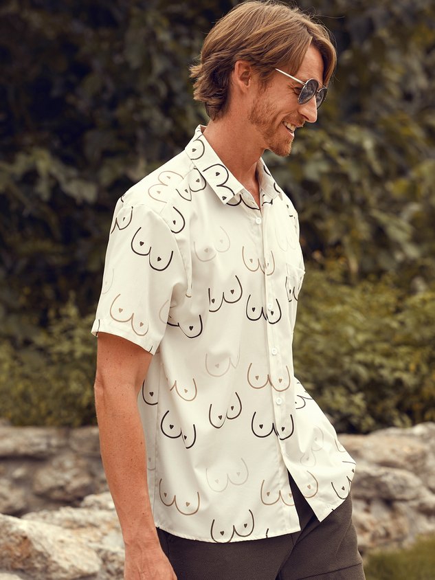 Geometric Line Drawing Chest Pocket Short Sleeve Casual Shirt