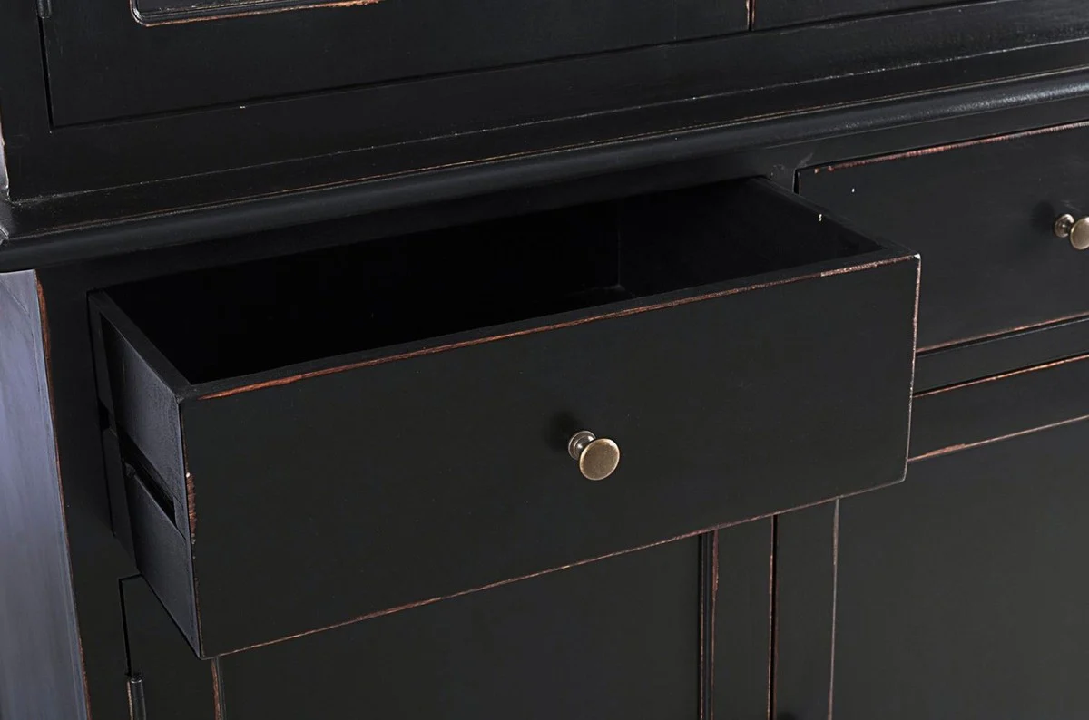 Casa Padrino armario negro antiguo 111,4 x 42,5 x A. 203 cm - Armario de comedor campestre 4 puertas y 2 cajones - Vitrina campestre - Mueble comedor campestre