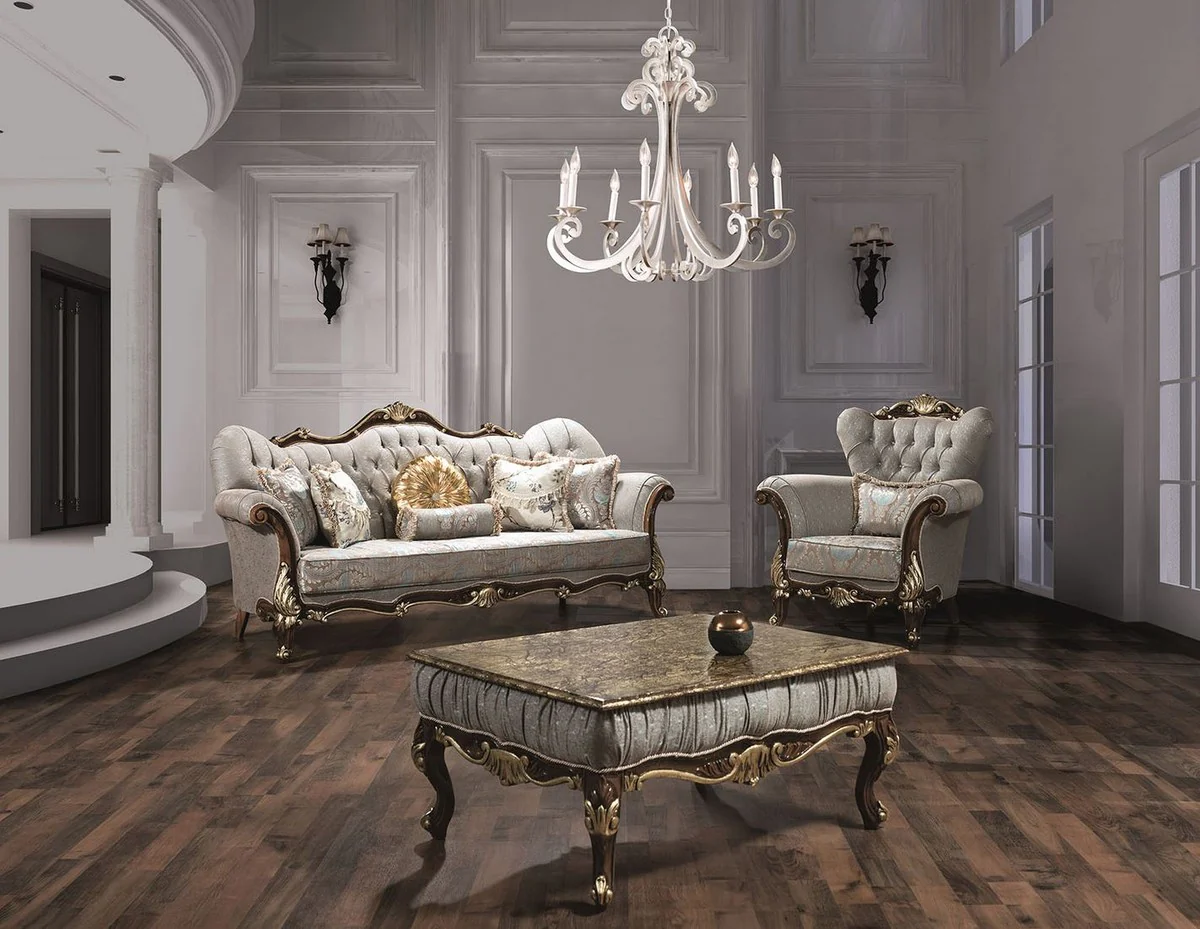 Casa Padrino conjunto de sala de estar barroco de lujo gris plata / marr¨®n / oro - 2 Sof¨¢s y 2 Sillones y 1 Mesa de Centro - Muebles de Sala - Noble y Adornado