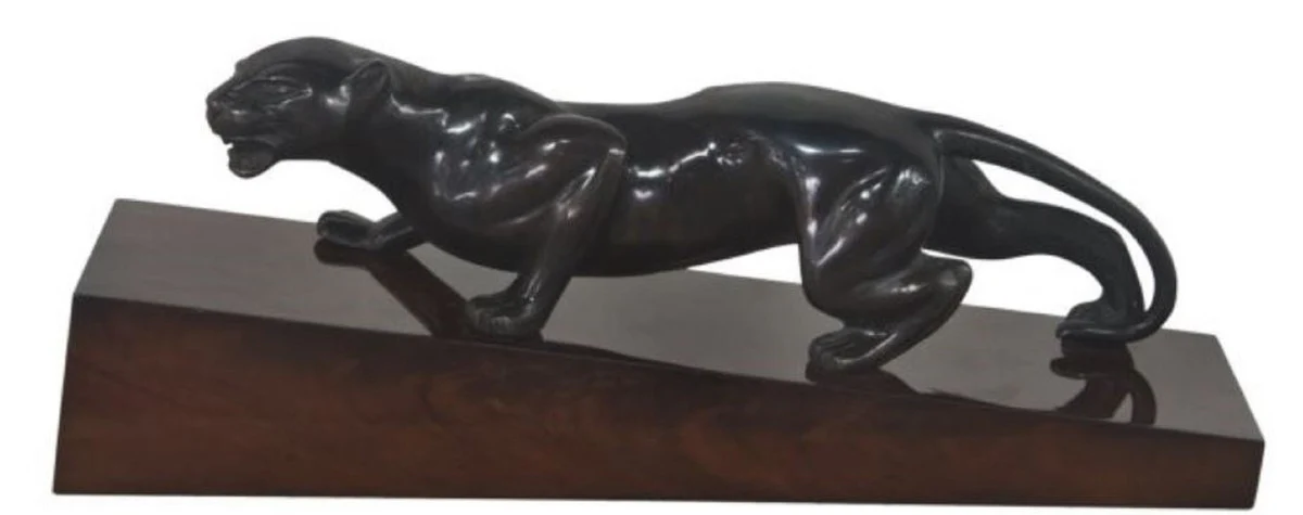 Casa Padrino figura de bronce de lujo puma negro / marrón oscuro 60 x 17 x H. 20 cm - Elegante Deco Figura sobre Base de Madera