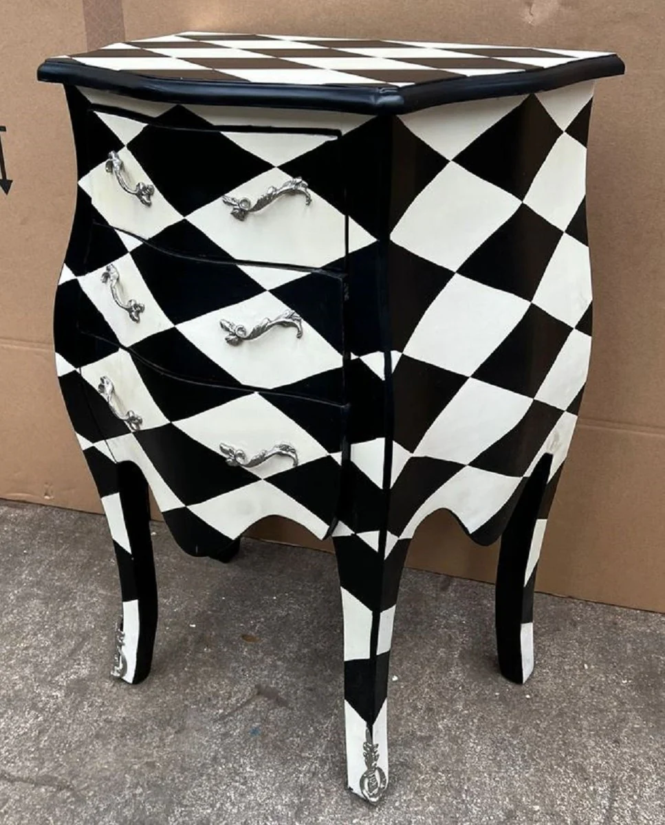 Casa Padrino cómoda barroco diseño de cuadros negro / blanco / plata - Mesita de noche de estilo barroco hecha a mano con 3 cajones - Muebles barrocos - Muebles de dormitorio en estilo barroco