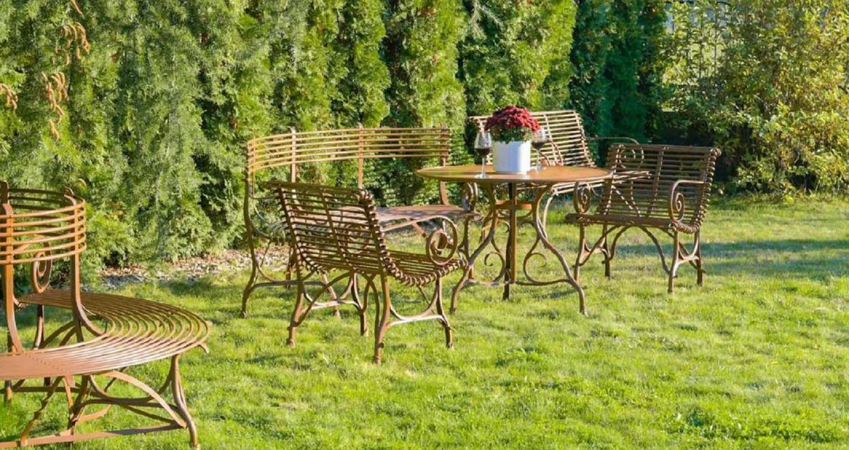 Casa Padrino conjunto de muebles de jard¨ªn Art Nouveau de hierro forjado marr¨®n - 1 Mesa Redonda de Jard¨ªn y 4 Sillas de Jard¨ªn con Reposabrazos - Muebles de Jard¨ªn Barrocos y Art Nouveau