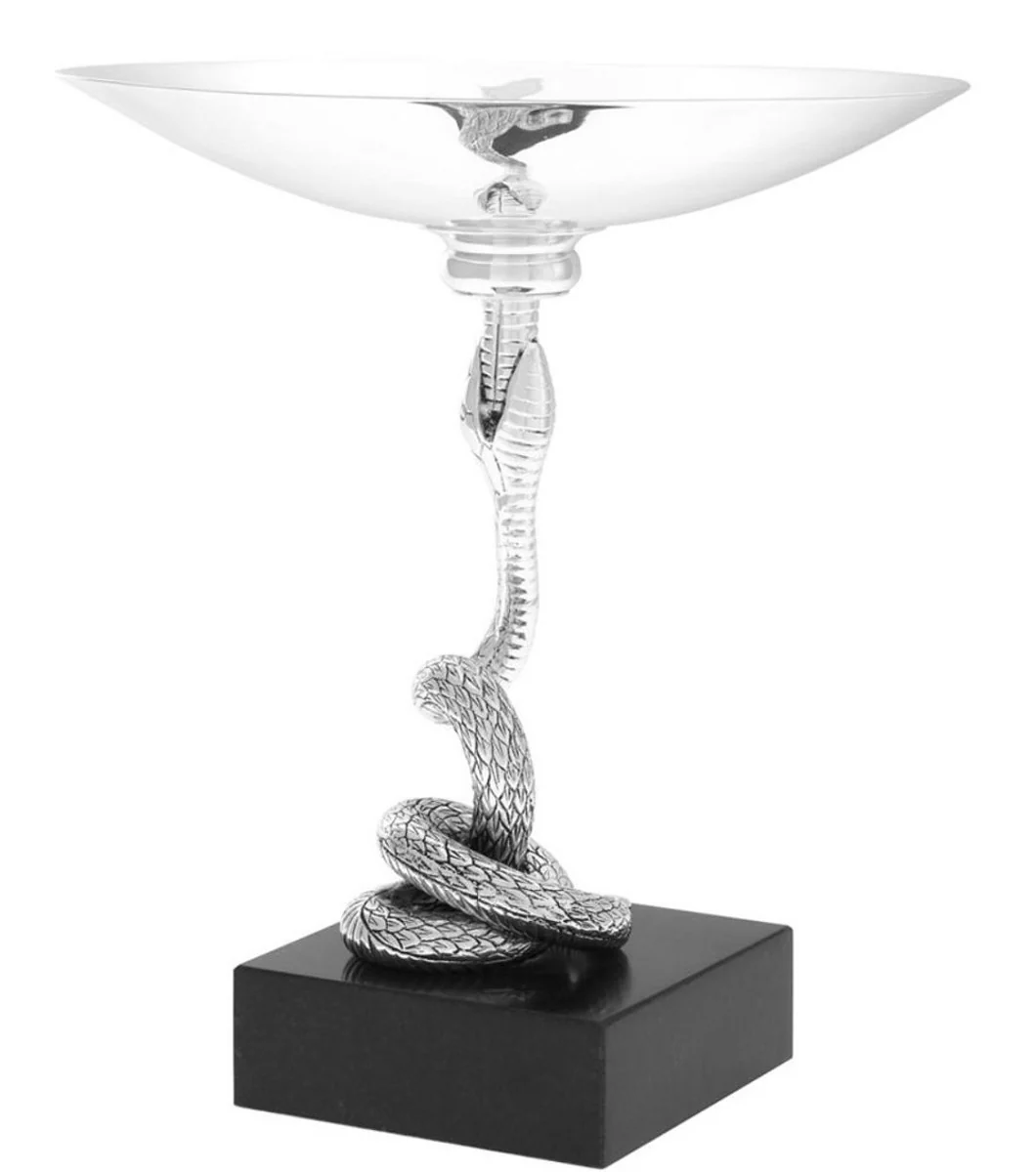 Casa Padrino taz¨®n de servir de lujo serpiente plata / negro ? 25,5 x H. 28,5 cm - Taz¨®n de Lat¨®n Chapado en Plata con Soporte y Base de Granito - Colecci¨®n de Lujo