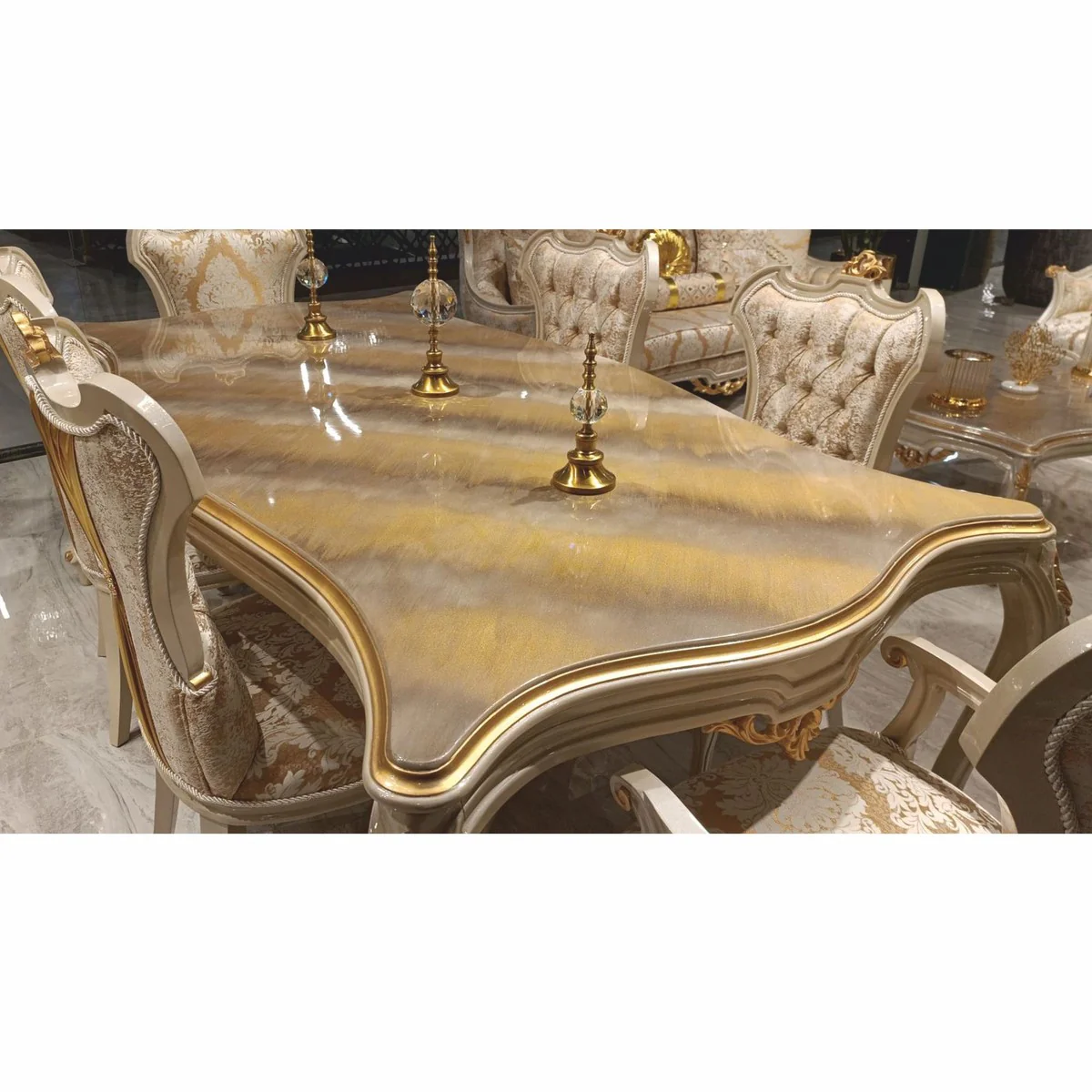 Casa Padrino conjunto de comedor barroco de lujo oro / gris - 1 Mesa de comedor barroco y 6 Sllas de comedor barrocos