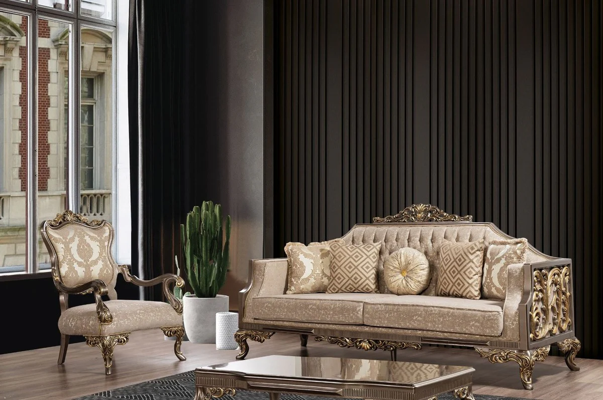 Casa Padrino sof¨¢ barroco de lujo gris / beige / plata / oro - Magn¨ªfico sof¨¢ de sal¨®n con patr¨®n - Muebles de Sal¨®n Barrocos - Noble y Magn¨ªfico