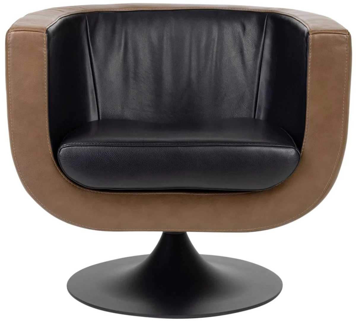 Casa Padrino sala de estar sillón giratorio de cuero genuino negro / marrón 75 x 70 x H. 66,5 cm - Muebles de Lujo