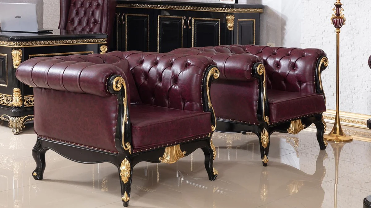 Casa Padrino sill¨®n de cuero Chesterfield barroco de lujo rojo burdeos / negro / oro - Magn¨ªfico sill¨®n de sal¨®n de cuero genuino - Muebles de sal¨®n de lujo en estilo barroco - Muebles barroco