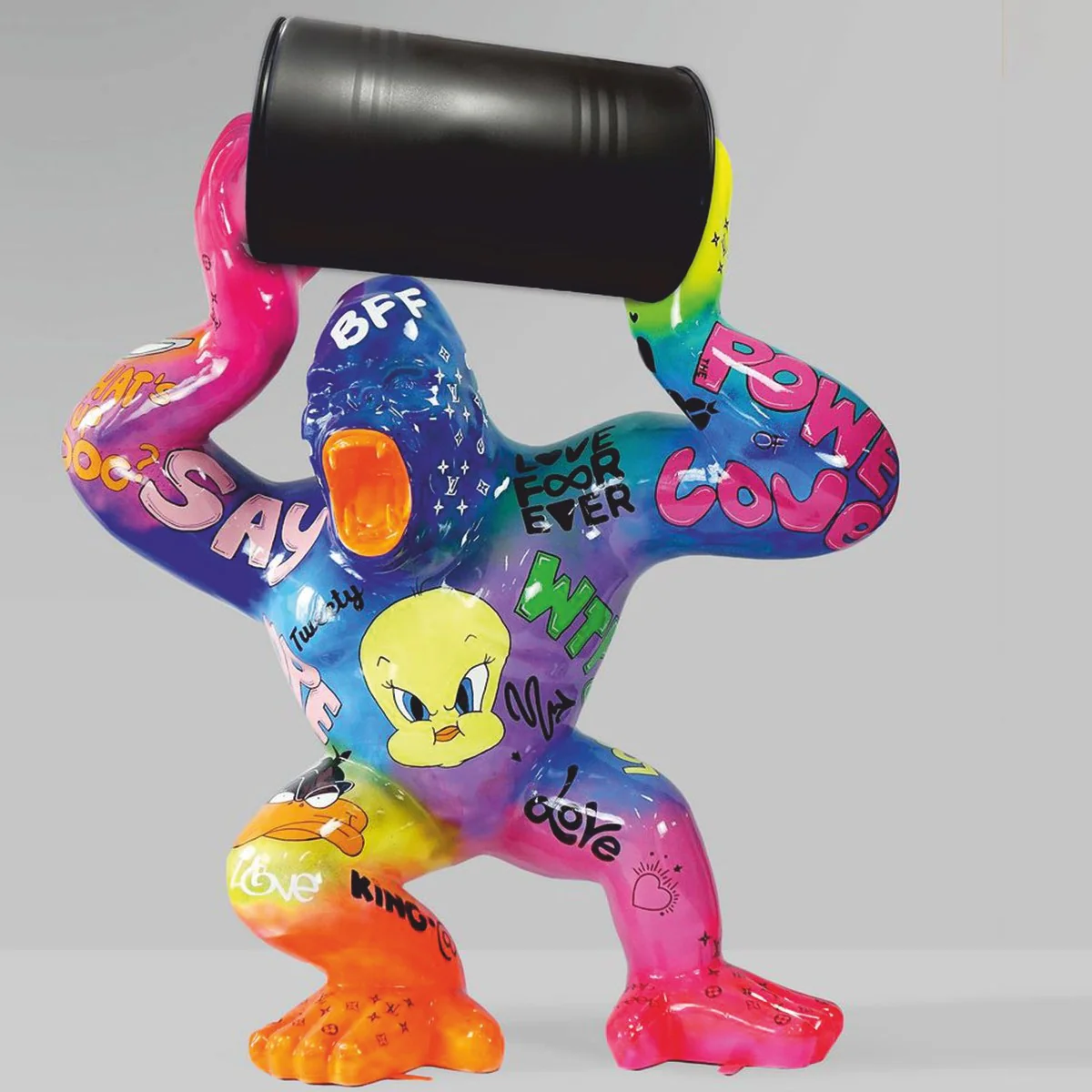 Casa Padrino escultura decorativa XXL gorila con barril colorido / negro A. 250 cm - Figura de Jard¨ªn XXL