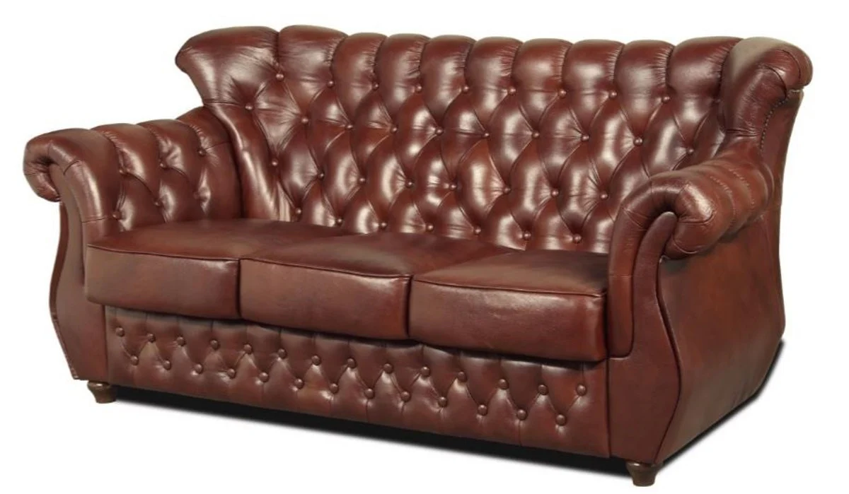 Casa Padrino Chesterfield sof¨¢ de cuero genuino en color marr¨®n con patas marr¨®n oscuro 200 x 80 x H. 85 cm - Calidad de Lujo