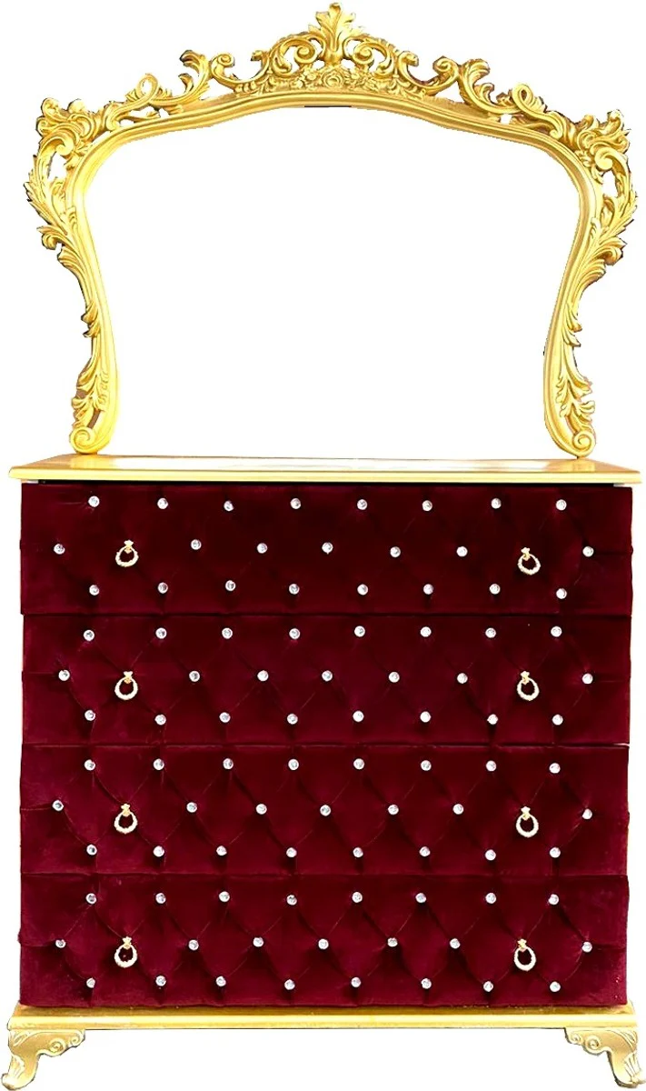 Casa Padrino cómoda de dormitorio barroco con pedrería y elegante espejo de pared rojo burdeos / oro - Muebles de dormitorio de estilo barroco