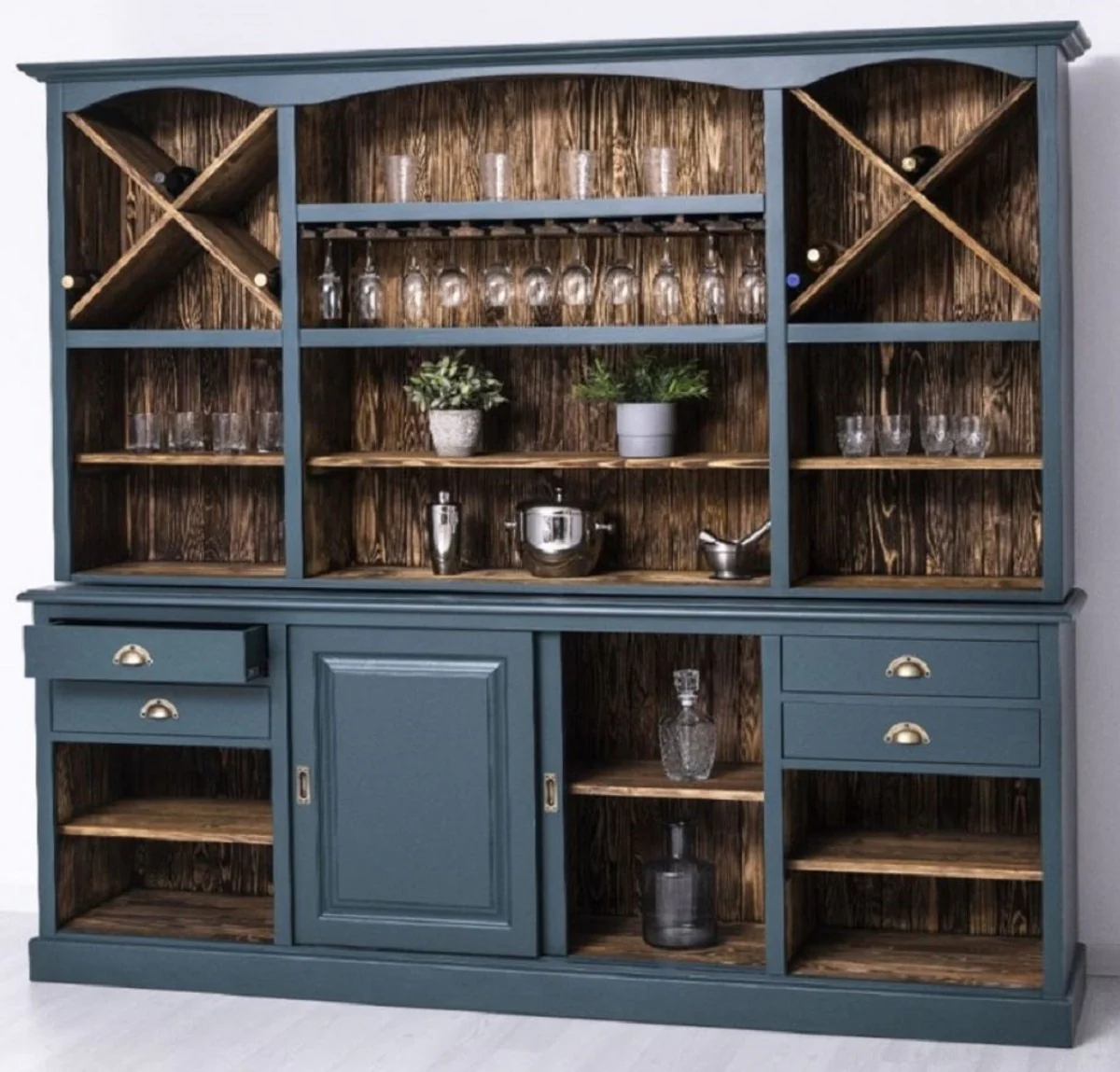 Casa Padrino gabinete bar de estilo campestre azul / marr¨®n oscuro 240 x 50 x A. 210 cm - Gabinete para vinos de madera maciza de estilo campestre - Muebles de bar de estilo campestre