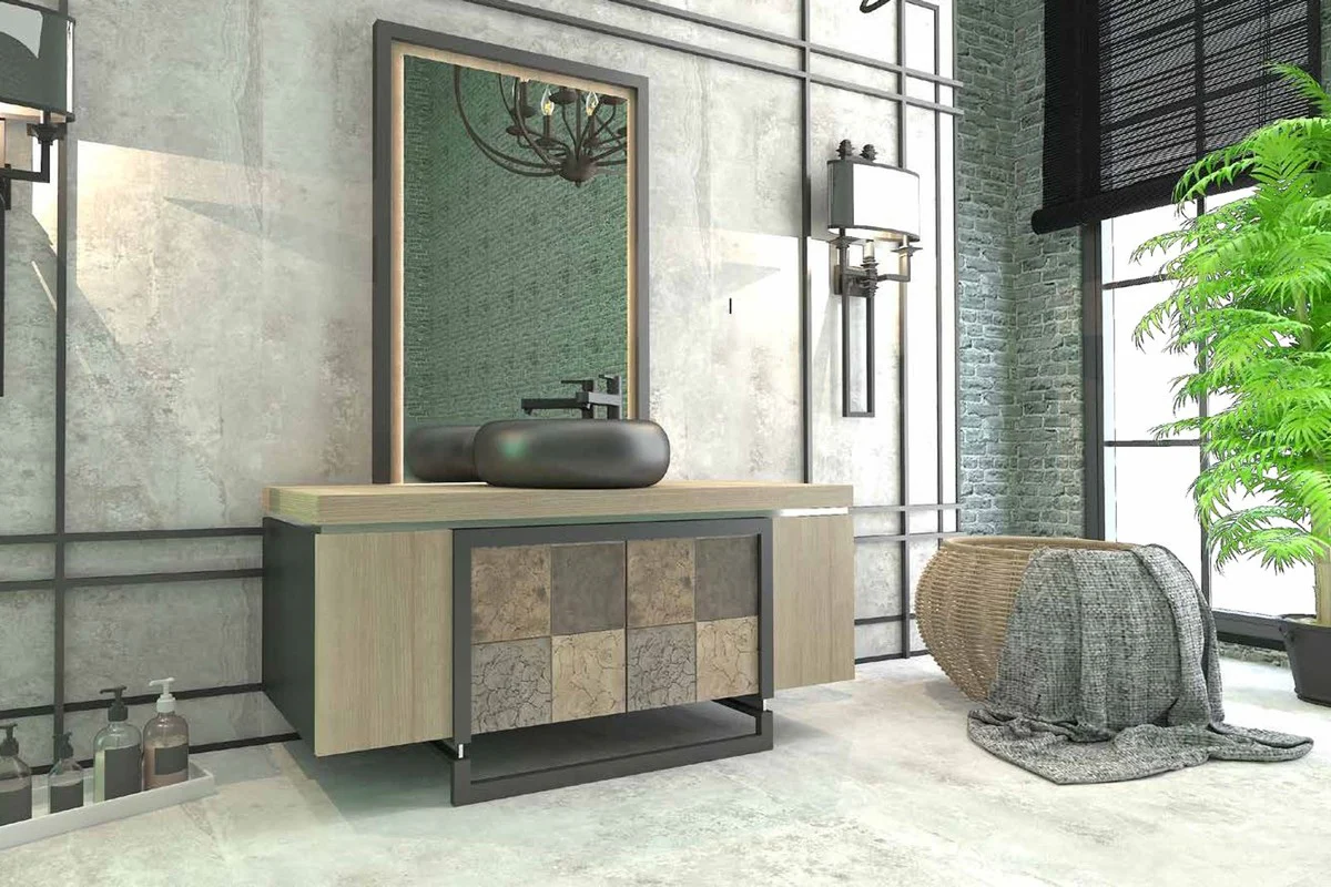 Casa Padrino Conjunto de Baño de Lujo Natural / Multicolor / Negro - 1 Mesa de Lavado con 4 Puertas y 1 Lavabo y 1 Espejo de Pared - Calidad de Lujo