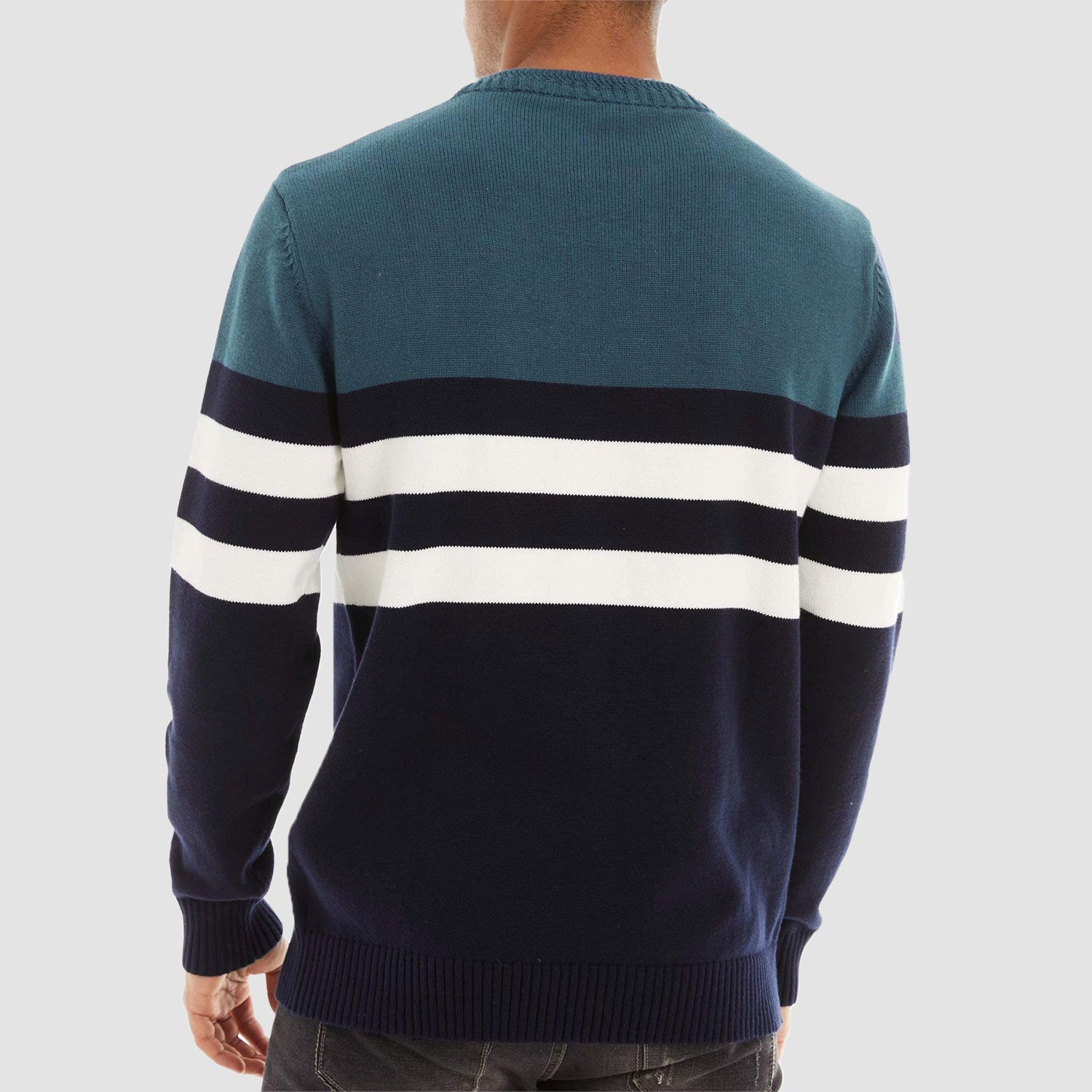 Men's Crewneck Sweater Soft Thermal Knitted Sweatshirt Color Block Striped