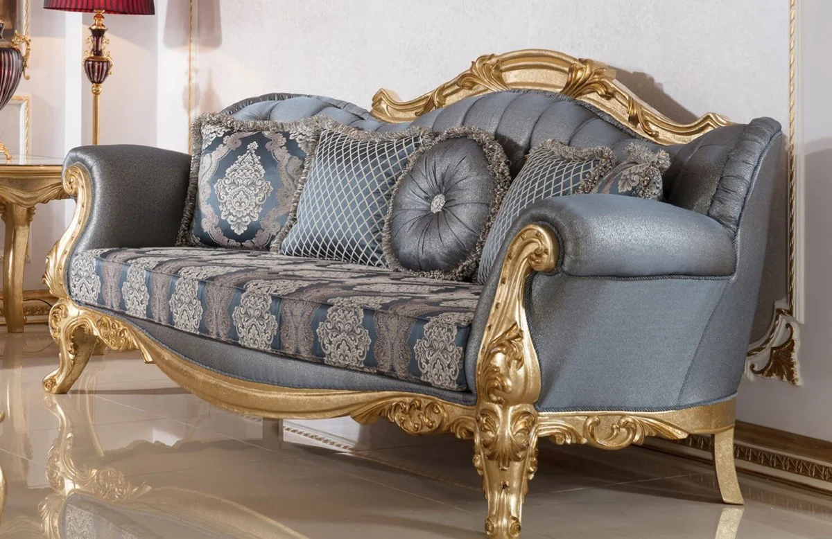 Casa Padrino sof¨¢ barroco de lujo azul / oro - Sof¨¢ de sal¨®n de estilo barroco hecho a mano con patr¨®n elegante - Muebles de sal¨®n barrocos - Noble y Magn¨ªfico