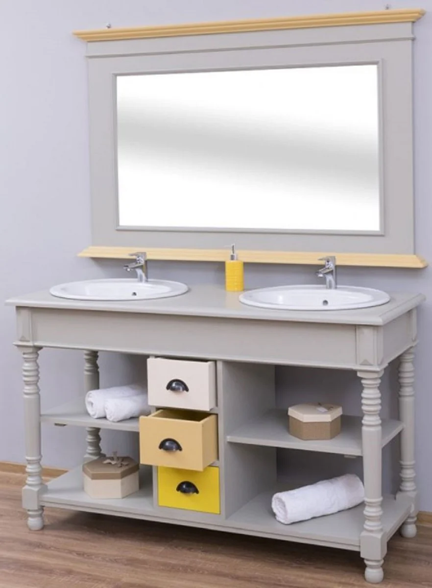 Casa Padrino Conjunto de Baño de Estilo Campestre Gris / Natural / Multicolor - 1 Gabinete del Fregadero Doble y 1 Espejo de Pared - Muebles de Baño de Madera Maciza en Estilo Campestre