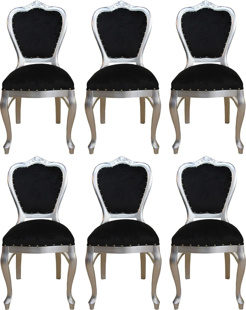 Casa Padrino Conjunto de Sillas de Comedor Barroco de Lujo Negro / Plata 45 x 46 x H. 99 cm - 6 Sillas de Comedor Hechas a Mano - Muebles de Comedor Barrocos