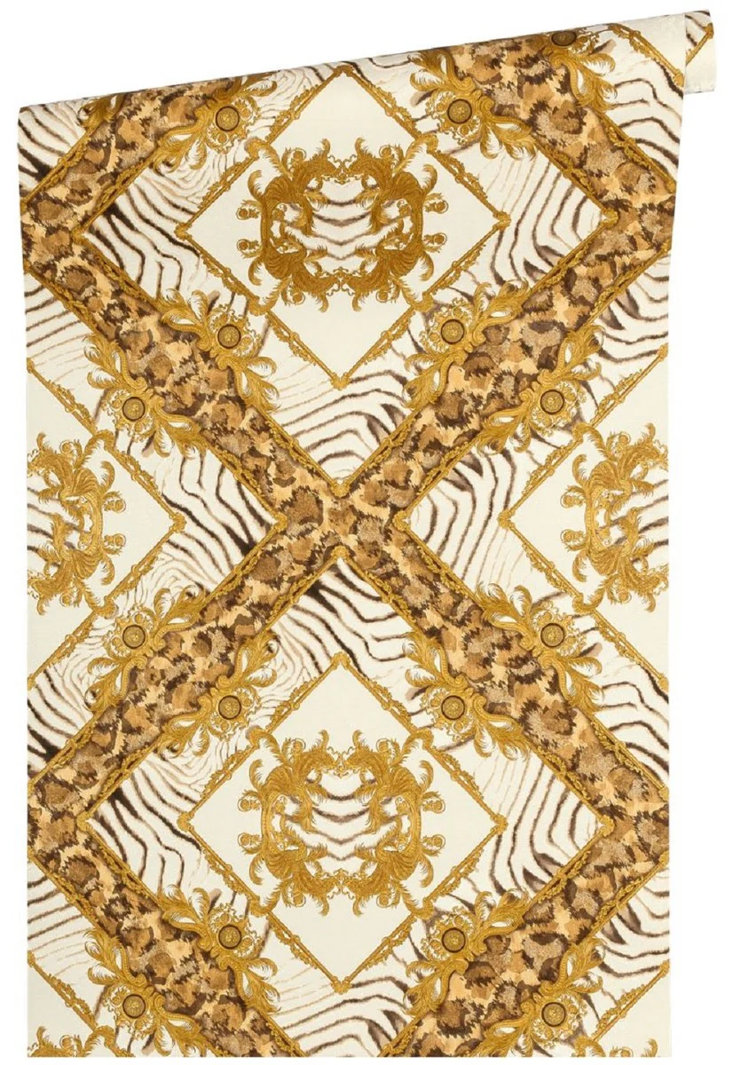 Papel pintado no tejido barroco diseñador Versace Vasmare 349043 crema / beige / marrón / oro - Alta Calidad - Accesorios Decorativos