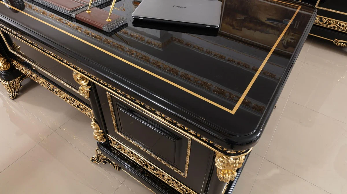 Casa Padrino conjunto de muebles de oficina barrocos de lujo rojo burdeos / negro / oro - 1 Escritorio Barroco con y 1 Silla de Oficina Barroco Chesterfield con Cuero Artificial Fino