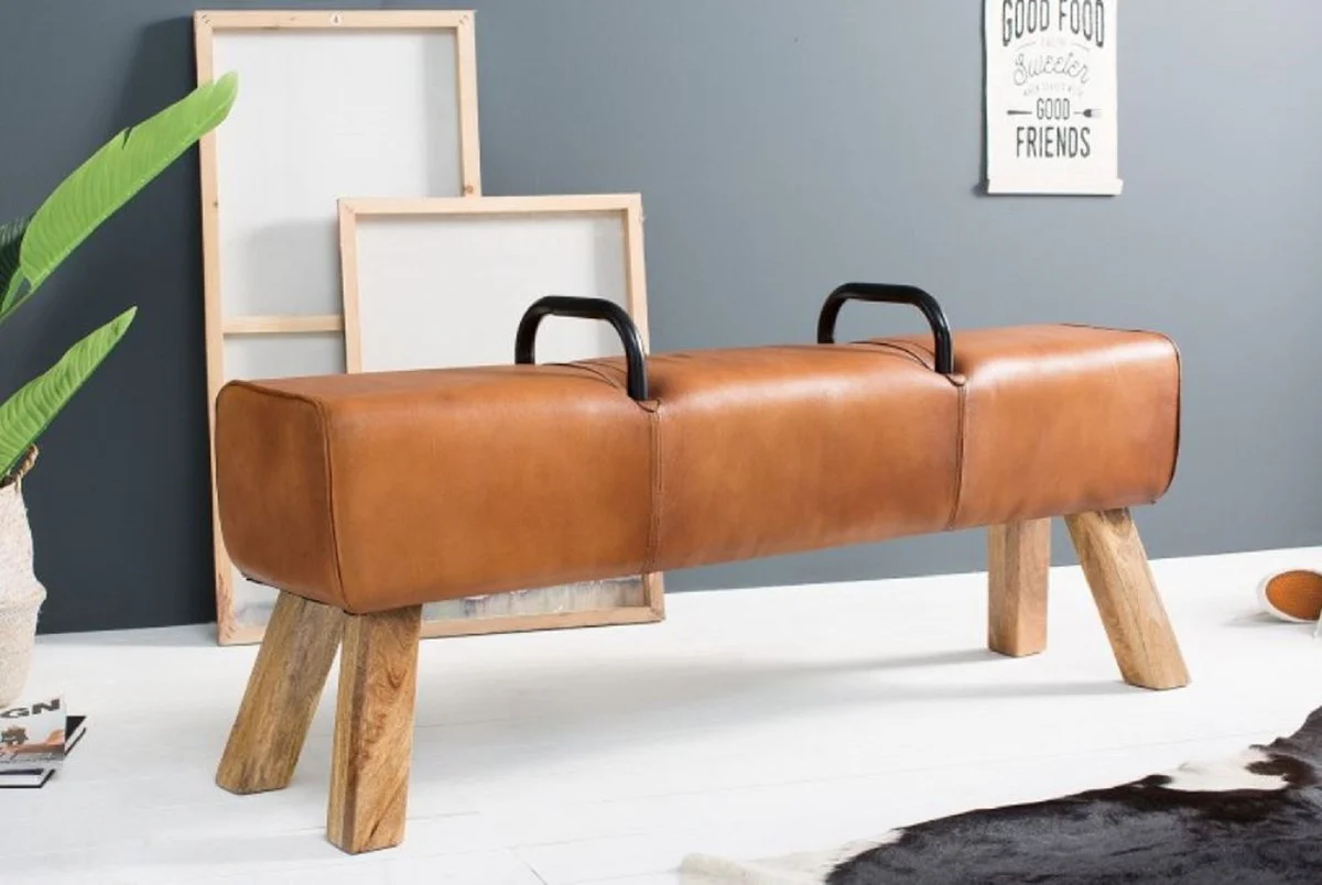 Casa Padrino banco de lujo marrón / natural / negro 134 x 35 x H. 60 cm - Banco de cuero genuino en la óptica de Turnbock