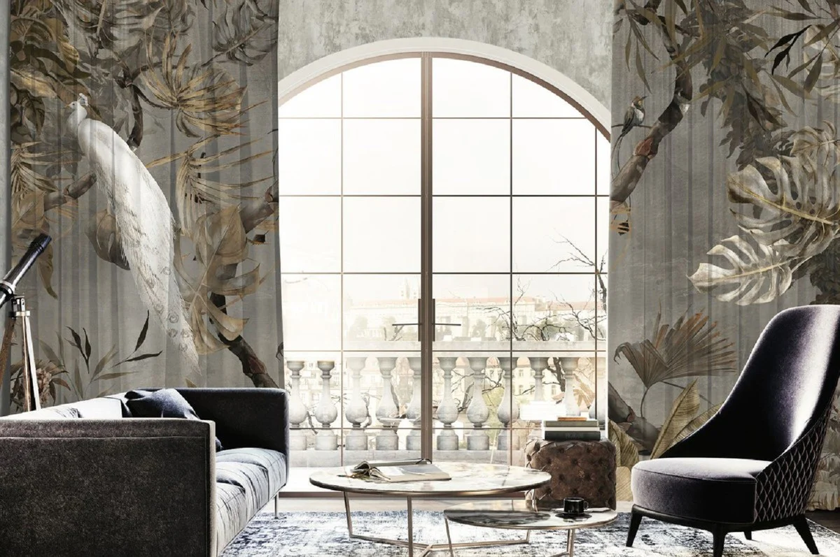 Casa Padrino conjunto de cortinas de lujo pavo real blanco en el bosque gris / multicolor 250 x A. 290 cm - Cortinas de terciopelo estampadas - Cortinas con ojales - Cortinas de salón de lujo