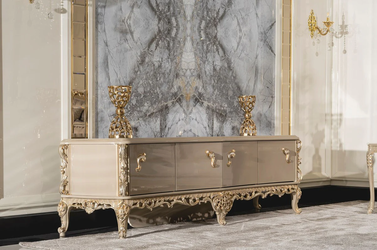 Casa Padrino gabinete TV barroco de lujo gris / oro - Magn¨ªfico aparador de madera maciza con 4 puertas - Muebles de sal¨®n en estilo barroco - Muebles barrocos - Noble y Magn¨ªfico