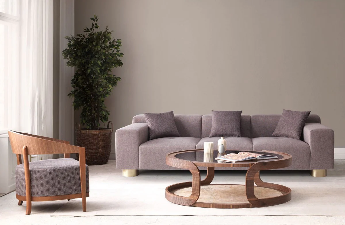 Casa Padrino mesa de centro de lujo marr¨®n / beige ? 120 x A. 40 cm - Mesa de sal¨®n redonda de madera maciza con tapa de vidrio y tapa de m¨¢rmol - Muebles de sal¨®n - Muebles de lujo