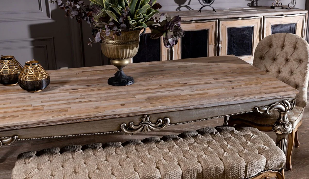 Casa Padrino mesa de comedor barroco de lujo natural / plata - Magn¨ªfica mesa de comedor de madera maciza en estilo barroco - Muebles de comedor barrocos