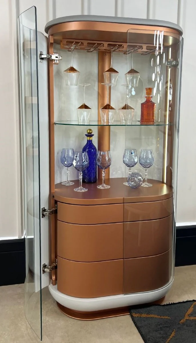 Casa Padrino armario bar de lujo blanco / gris / cobre 80 x 50 x A. 165 cm - Armario del vino iluminada de madera maciza con 2 puertas - Armario de sal¨®n - Armario de bar - Muebles de Hotel