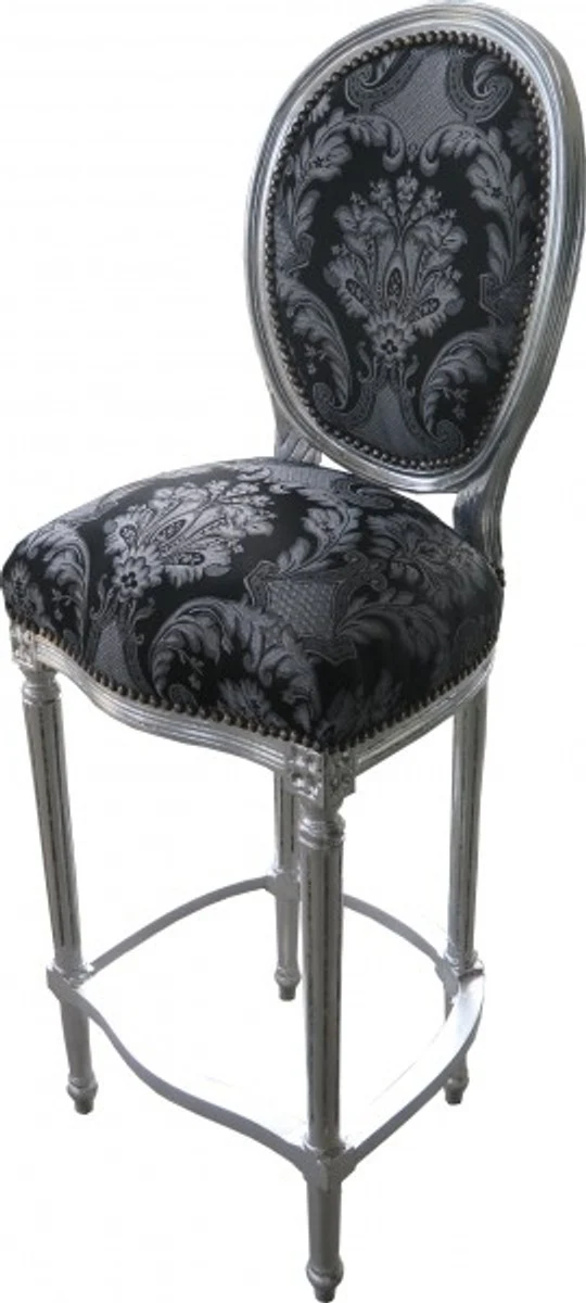 Casa Padrino barroco del modelo de silla de la barra Negro / Plata - silla alta barra de bar taburete - Muebles club