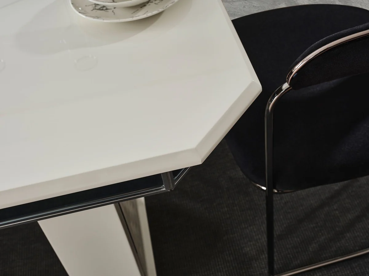 Casa Padrino conjunto de comedor Art Deco de lujo negro / blanco / bronce - 1 Mesa de Comedor Extensible y 6 Sillas de Comedor con Reposabrazos - Muebles de comedor - Muebles Art Deco de lujo