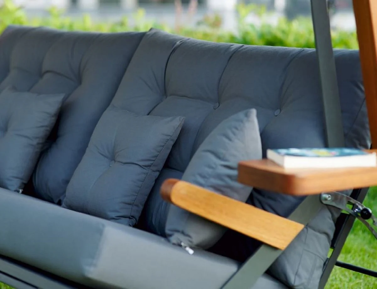 Casa Padrino columpio de Hollywood de lujo gris antracita / marrón - Columpio de jardín moderno resistente a la intemperie con toldo para el sol - Columpio de Terraza de Jardín - Muebles de Hotel