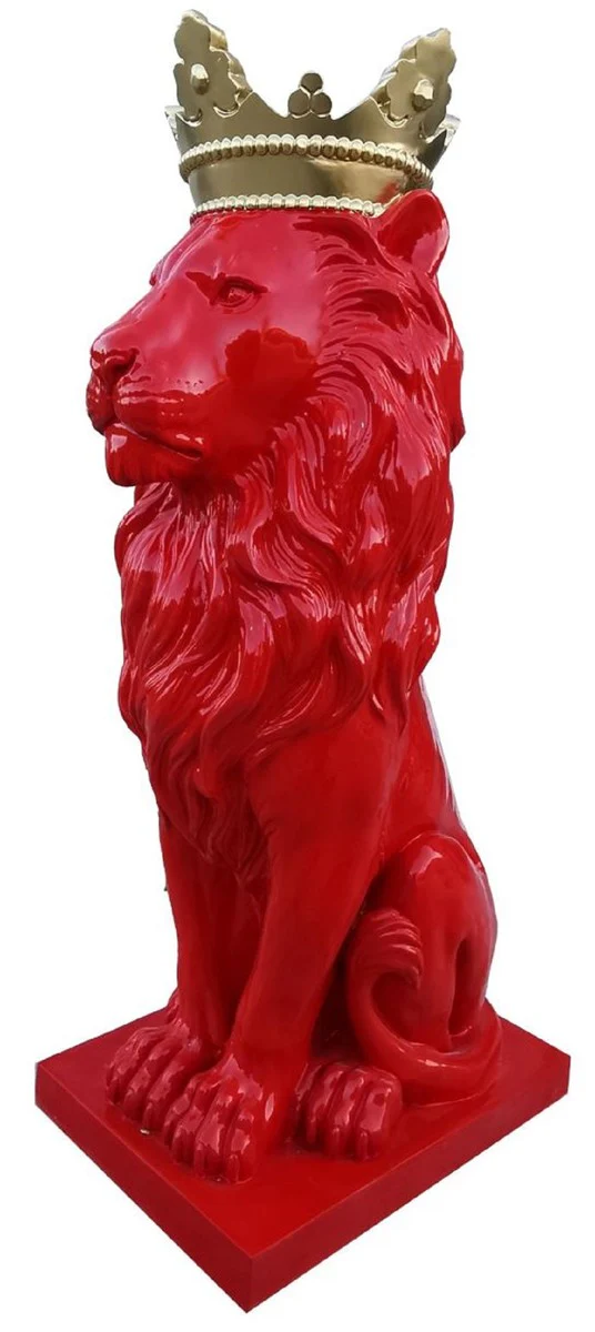 Casa Padrino Figura Decorativa de Lujo León con Corona Rojo / Oro A. 80 cm - Escultura Decorativa Resistente a la Intemperie - Decoración de Salón - Decoración de Jardín & Terraza Figura Animal