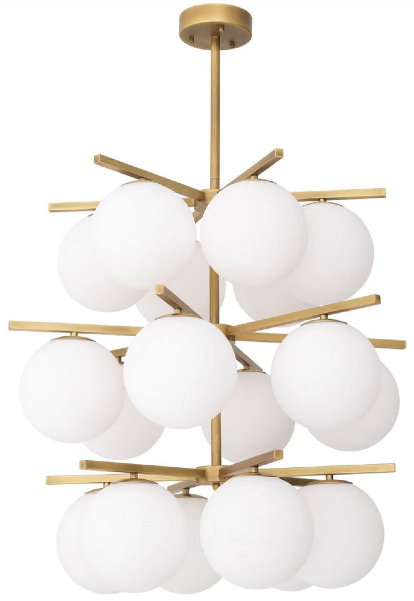 Casa Padrino lámpara de araña de lujo latón antiguo / blanco Ø 68 x A. 80 cm - Lámpara de araña moderna de metal con pantallas redondas de vidrio - Colección de Lujo