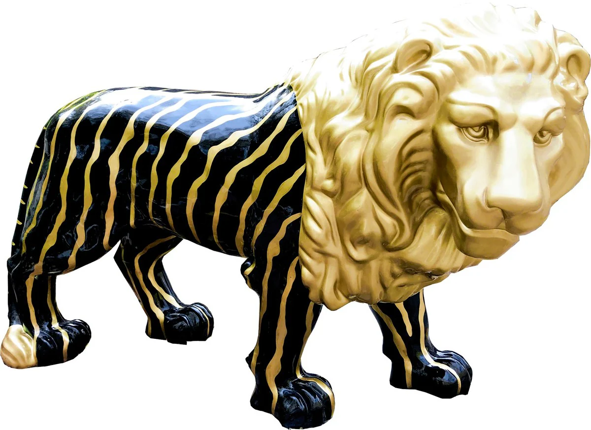 Casa Padrino figura decorativa de diseño león negro / dorado tamaño natural 190 x 61 x H. 140 cm - enorme escultura de tamaño natural - decoración de jardín
