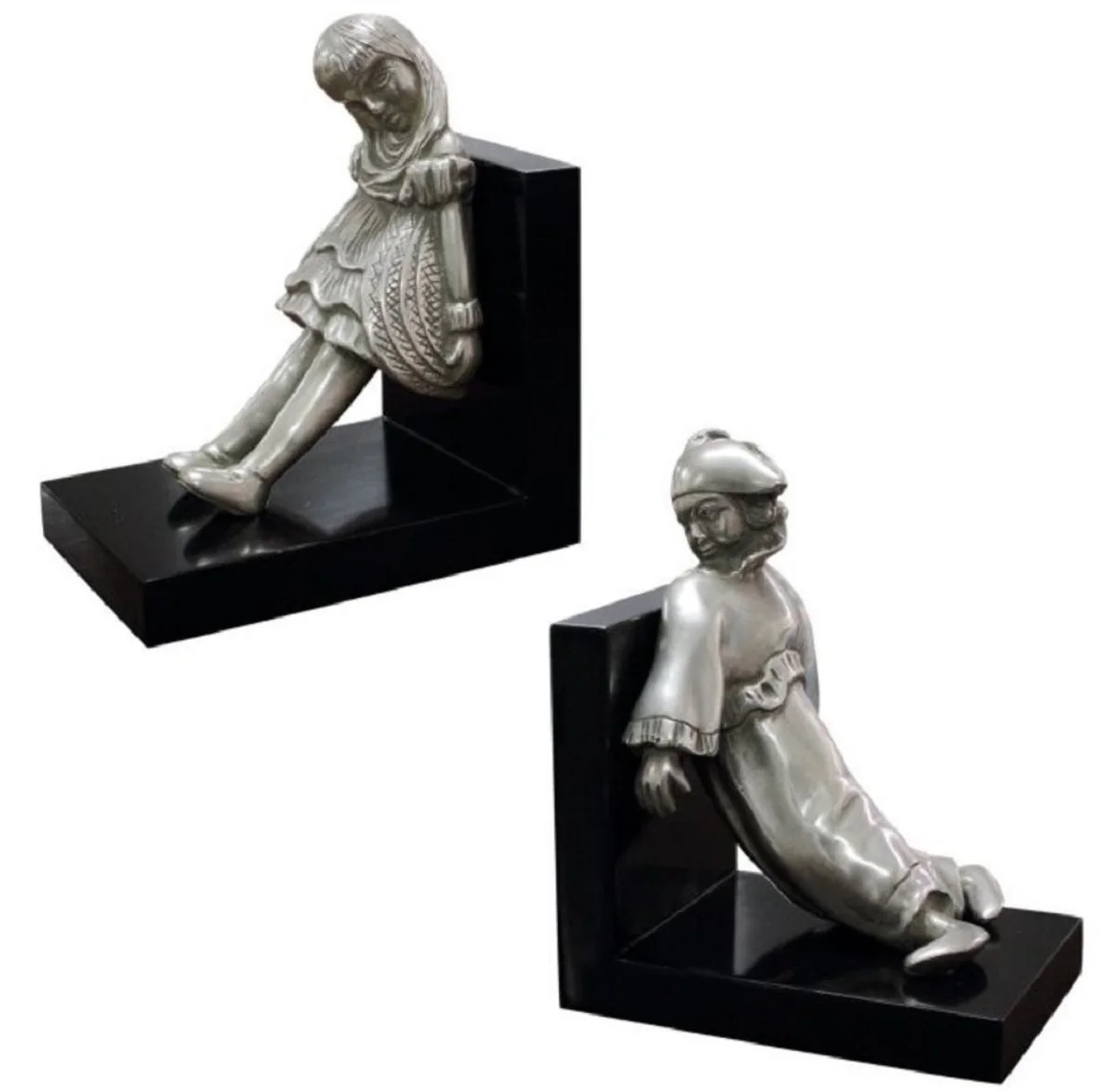 Casa Padrino conjunto de sujetalibros de lujo niña y payaso plata / negro 14 x 10 x H. 17 cm - Figuras de Bronce Plateado Decorado con Base de Madera