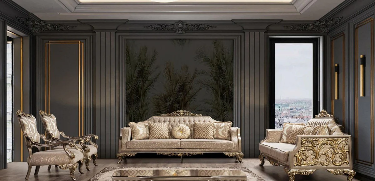 Casa Padrino conjunto de sala de estar barroco de lujo gris / beige / plata / oro - 2 Sof¨¢s Barrocos con Patr¨®n y 2 Sillones Barrocos con Patr¨®n y 1 Mesa de Centro Barroco - Muebles Barrocos