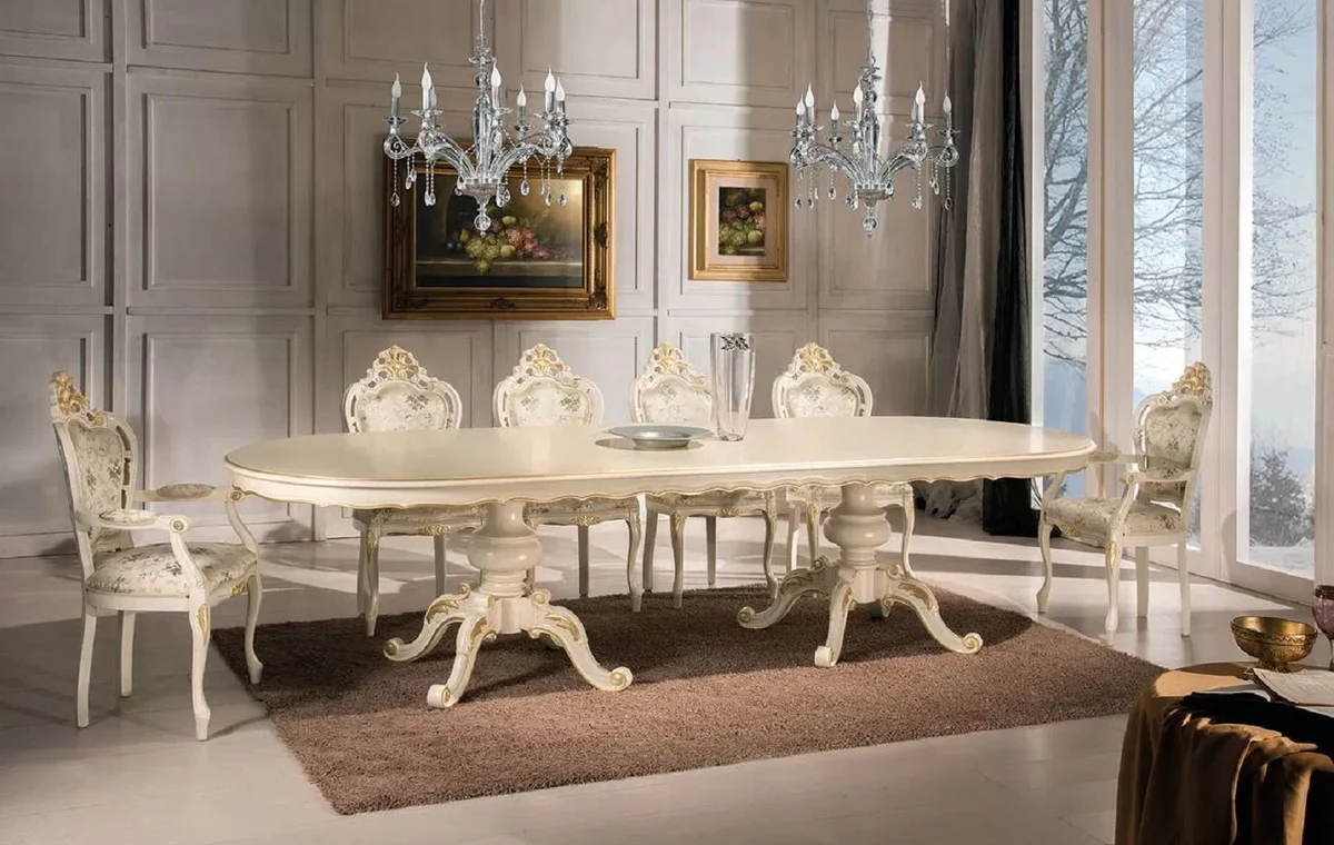 Casa Padrino mesa de comedor barroco de lujo crema / oro - Magn¨ªfica mesa de comedor de madera maciza de estilo barroco - Muebles de comedor barrocos - Calidad de Lujo - Hecho en Italia